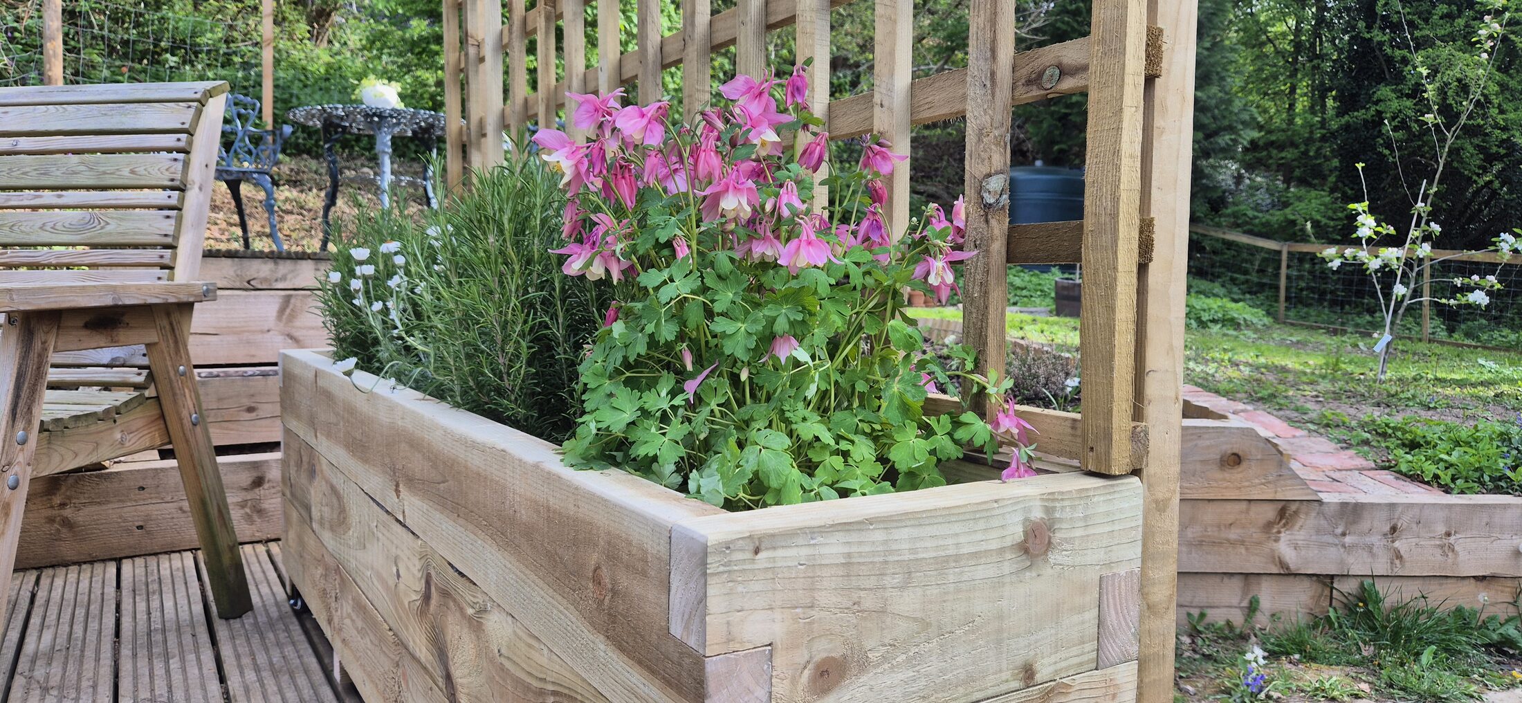 HEWN handmade wooden trellis privacy planter with castor wheels, planted with herbs and flowers
