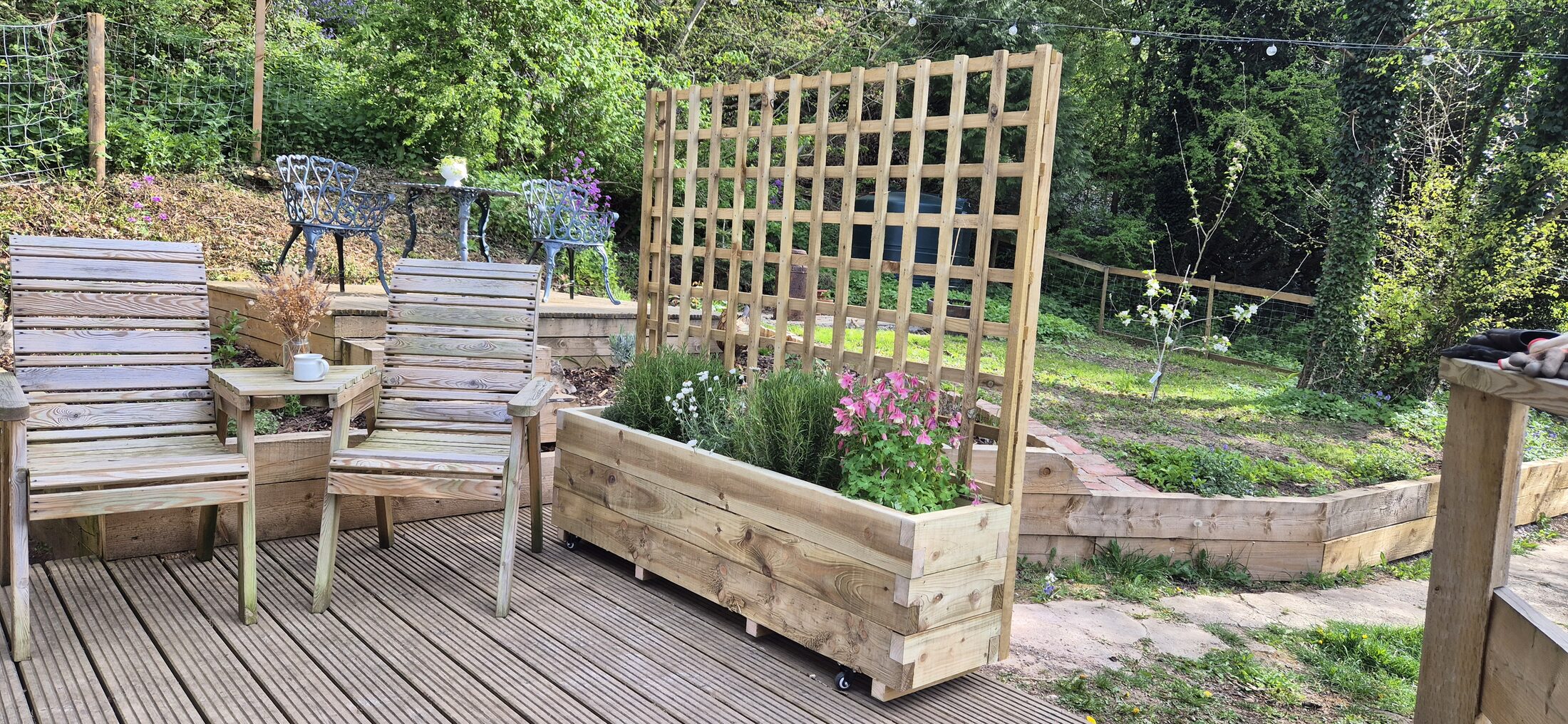 Detail of the HEWN handmade wooden trellis privacy planter, lattice screen and rosemary planting